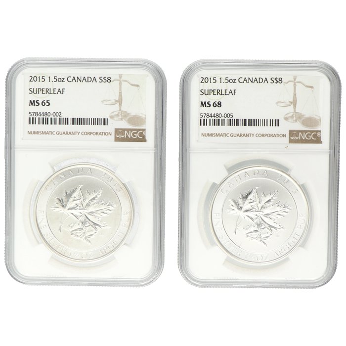 加拿大. 8 Dollars 2015 ''SuperLeaf'', 2x1,5 Oz (.999) - MS66 and 67  (没有保留价)