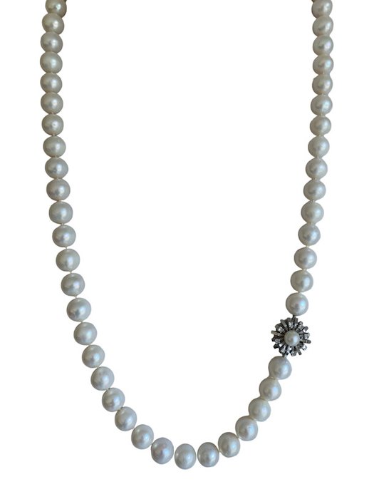 Halskette - 14 kt Weißgold Perle - Diamant 