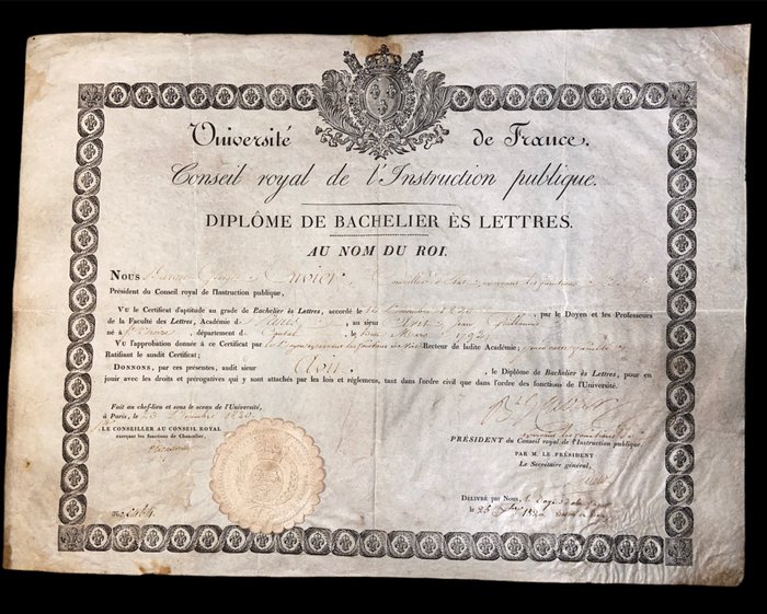 Certificat - Le baron Georges Cuvier - Diplôme de bachelier ès lettres signé - 1820