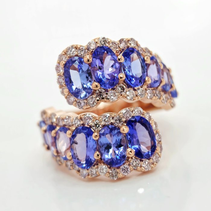 4.40 ct Violetish Blue Tanzanite & 1.20 ct Light Pink Diamond Ring - 6.98 gr - Ring - 14 karaat Roségoud Tanzaniet - Diamant 
