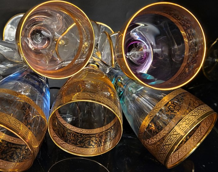 Antica cristalleria italiana - Zestaw kieliszków (6) - wspaniałe i kolorowe kielichy ze złota - Kryształ, pr. 999 (24-karatowe złoto)