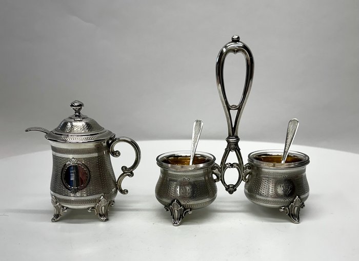 Antiek zilver mosterdpotje en zout en peperstel - Wolfers - Salz- und Pfefferbehälter-Set - .800 Silber