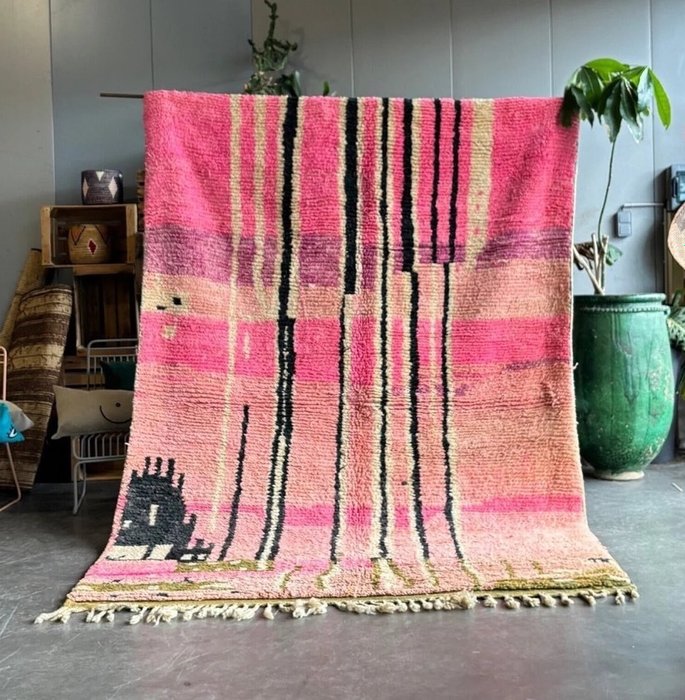粉色波西米亚风摩洛哥柏柏尔 Boujad 地毯 - 春季手工羊毛地毯 - 凯利姆平织地毯 - 290 cm - 195 cm
