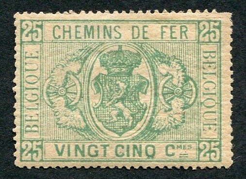 Bélgica 1879/1882 - Sello ferroviario Escudo Nacional - 1ª emisión - 25 céntimos Verde - Bonito centro - OBP TR3