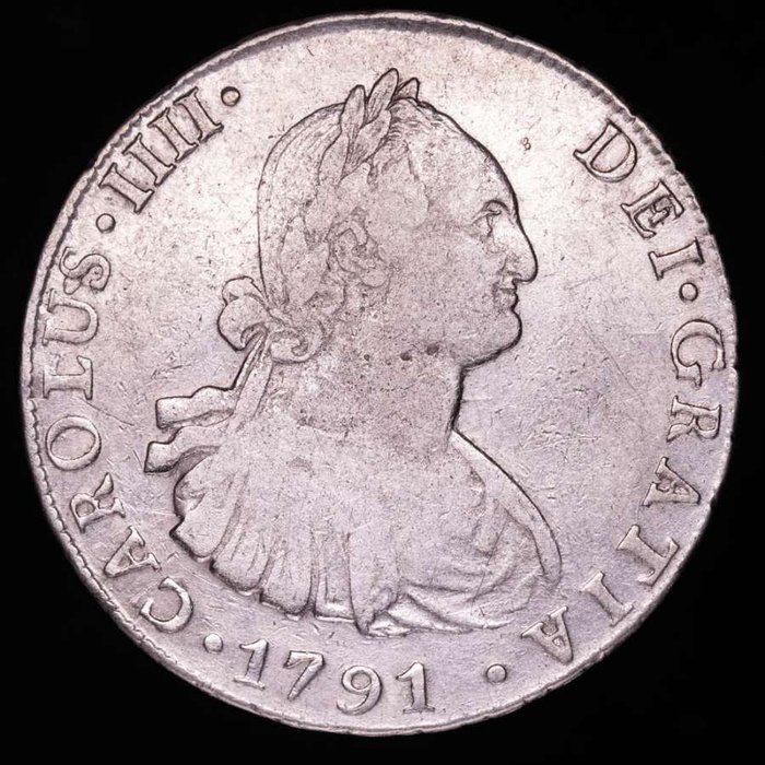 Hiszpania. Carlos IV (1788-1808). 8 Reales Acuñados en el año 1791, en la ceca americana de Potosi (Pts), por el ensayador P·R.