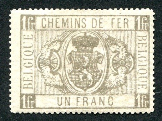 比利时 1879/1882 - 铁路邮票国家徽章 - 第 1 期 - 1 法郎灰色 - OBP TR6