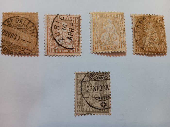 Schweiz  - Helvetia säten 1862-67 4x1fr, 1x40c, 2 signerade bra betyg