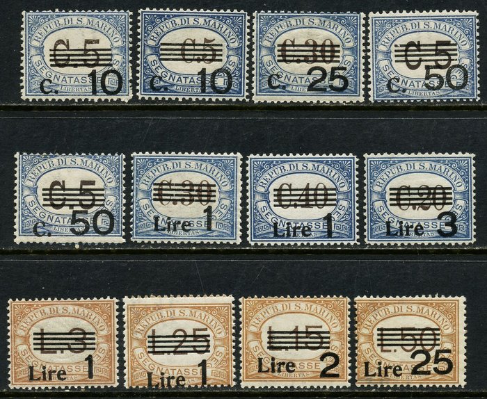 Saint-Marin 1936/1943 - Oblitérations fiscales surimprimées, 3 séries, 12 valeurs - Sassone 47/53+60/64