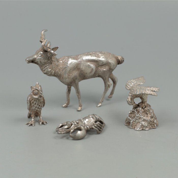 *NO RESERVE* - Hert, Adelaar, Uil en Kreeft - Figură în miniaturală  (4) - Argint