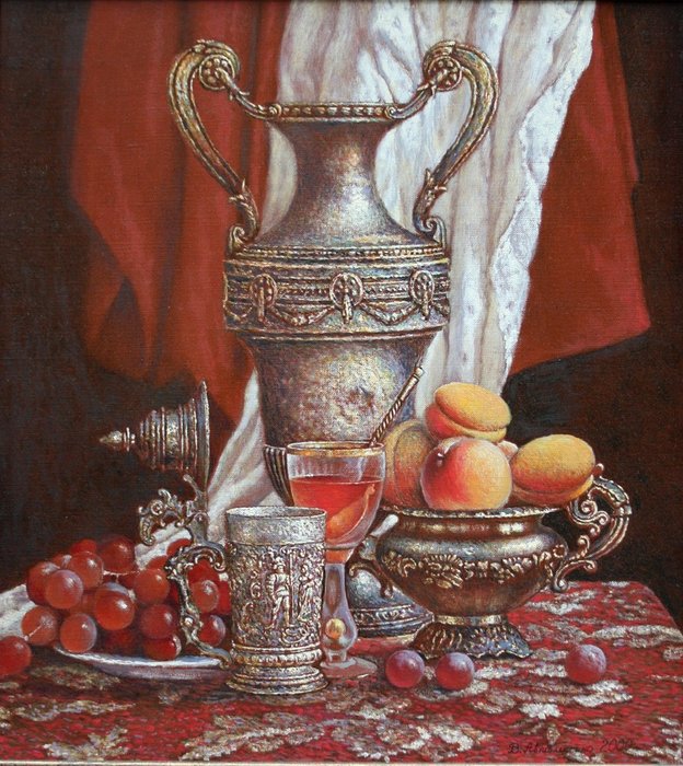 Valery Avtomeenko (born 1955) - Still life with silver objects, wineglass and fruits