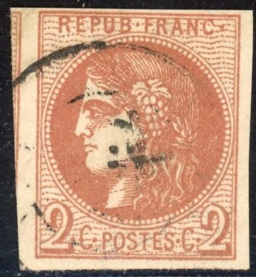 Frankrike 1870 - Bordeaux - 2c rödbrun - Rapport 2 - VG marginerad & grann - Pris: €330 - Yvert 40B