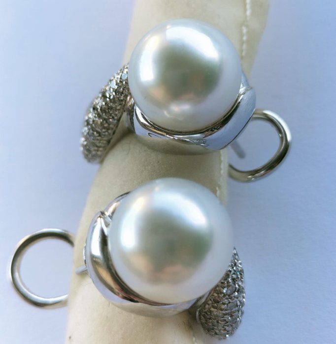Boucles d'oreilles - 18 carats Or blanc Perle - Diamant 