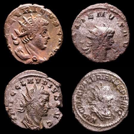 Cesarstwo Rzymskie. Claudius II, Gallienus, Valerian I & Tetricus I. Lot comprising four (4) antoninianus From Antioch, Mediolanum, Colgne & Rome mint  (Bez ceny minimalnej
)