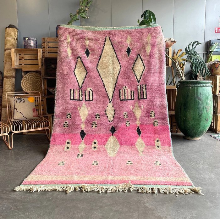 粉紅色摩洛哥柏柏爾波西米亞 Boujad 地毯 - 春季手工羊毛地毯 - 花毯 - 260 cm - 160 cm
