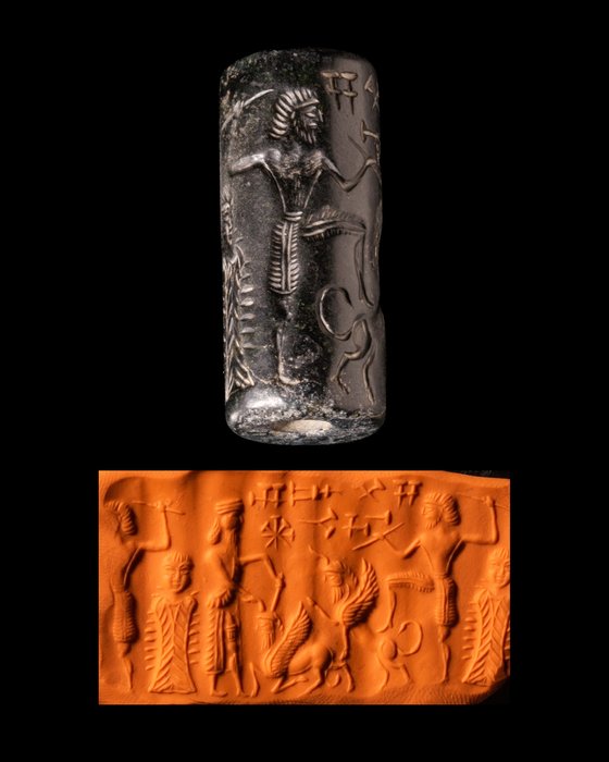 Mesopotâmico / Babilônico Selo de cilindro de pedra preta rara  (Sem preço de reserva)
