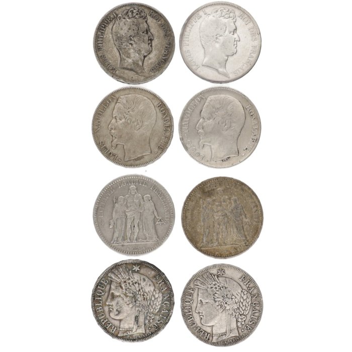 Francia. 5 Francs 1830/1875 (8 stuks)  (Senza Prezzo di Riserva)