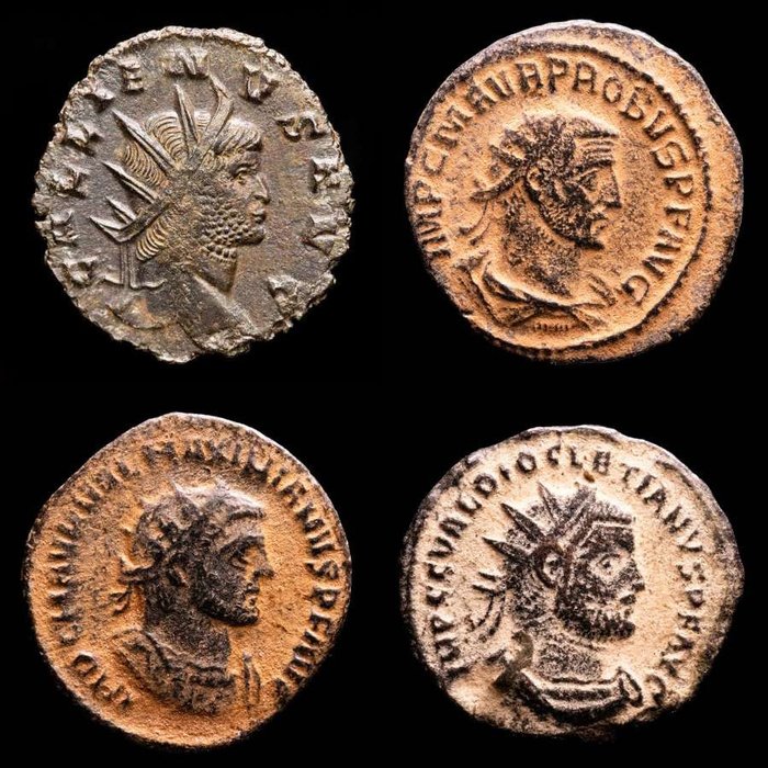 Império Romano. Probus, Gallienus, Maximianus, Diocletian.. Lot comprising four (4) antoninianus III-IV c. A.D.  (Sem preço de reserva)