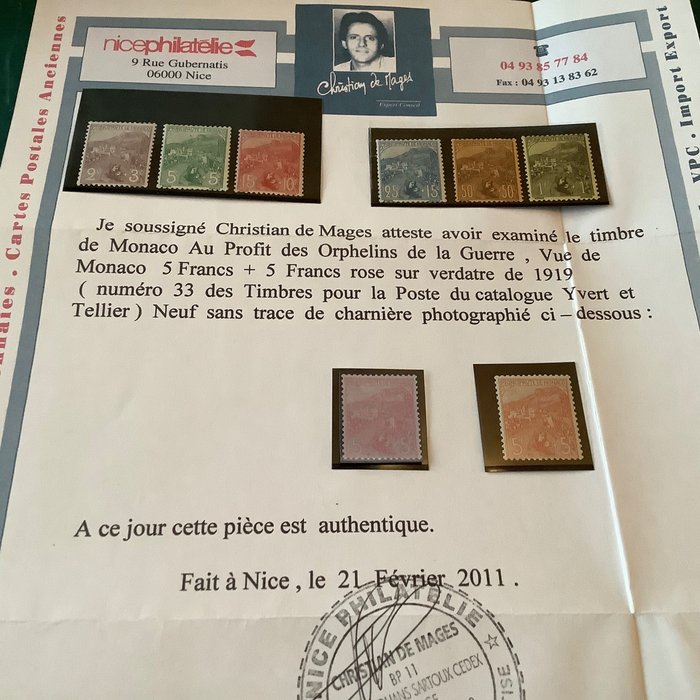 Monaco 1919 - Orphelins de Guerre with above average centers and photo certificate - Yvert 27/33