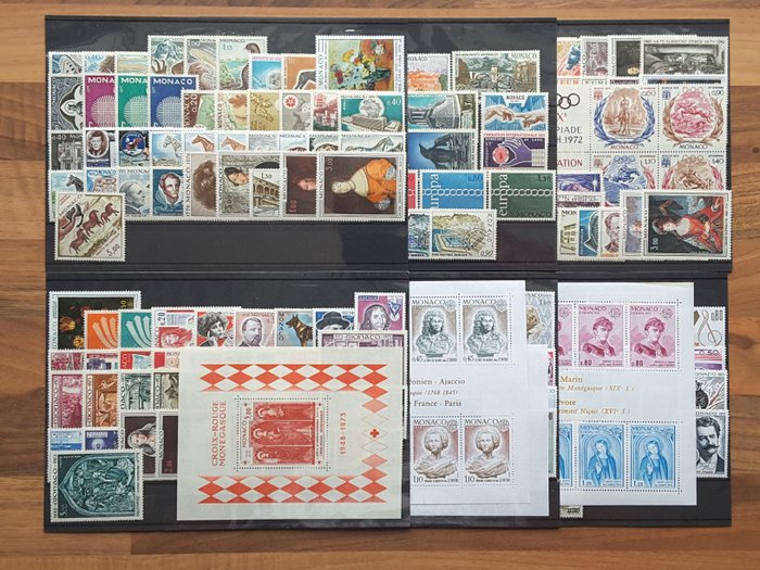 Monako 1970/1975 - 6 pełnych lat z pocztą lotniczą, kartkami pamiątkowymi i stemplami pocztowymi - Yvert 809 à 1042 sans les timbres non émis, PA 95 à 99, Préoblitérés 30 à 37 et BF 8 à 10