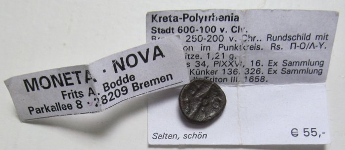 克里特岛， 波里尔亨尼恩. AE11 circa 320-200 B.C. - tiny 11mm coin - very rare - Ex Traeger collection & Ex Vermeule collection