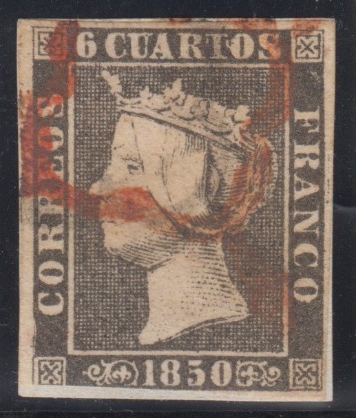 西班牙 1850 - 伊莎贝尔二世。 6 夸脱，黑色。 - Edifil 1A