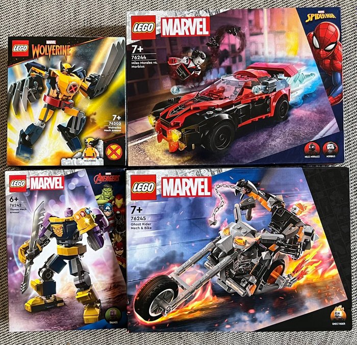 Lego - Marvel - 76244, 76245, 76242, 76202 - Miles Morales vs. Morbius + Ghost Rider Mech & Bike + Thanos Mech Armour + Wolverine Mech Armour