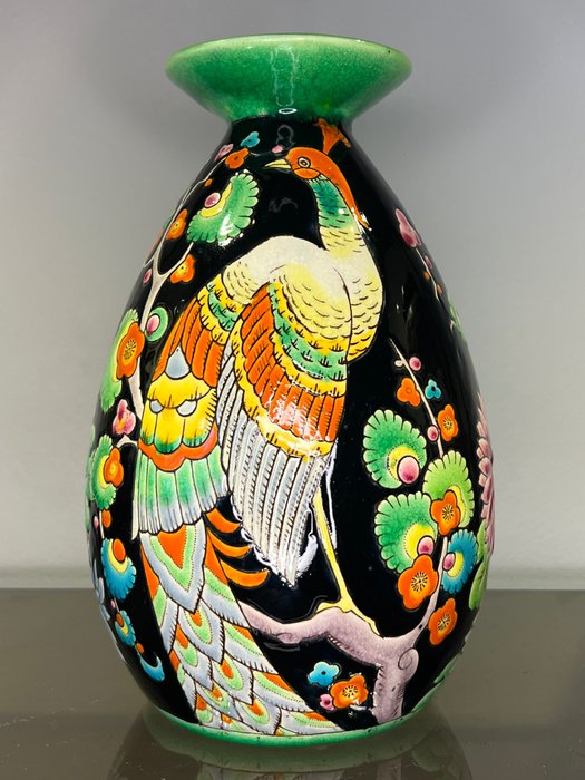 Keramis Boch, Boch Frères, Keramis - Charles Catteau - Vase -  Eiförmige Vase mit flachem Hals, Pfauendekor  - Keramik
