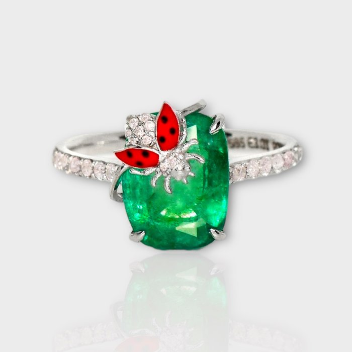 Zonder Minimumprijs - IGI 3.30 tw - Ring - 14 karaat Witgoud Smaragd - Diamant 
