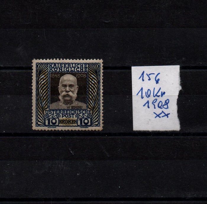Østerrike 1908/1908 - 10 kroner fra den keiserlige serien 1908 i sort-grå fineste postfriske - Katalognummer 156b
