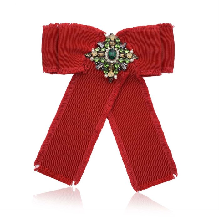 Gucci - Red Grosgrain Bow Brooch Pin with Green Crystals - Pregadeira