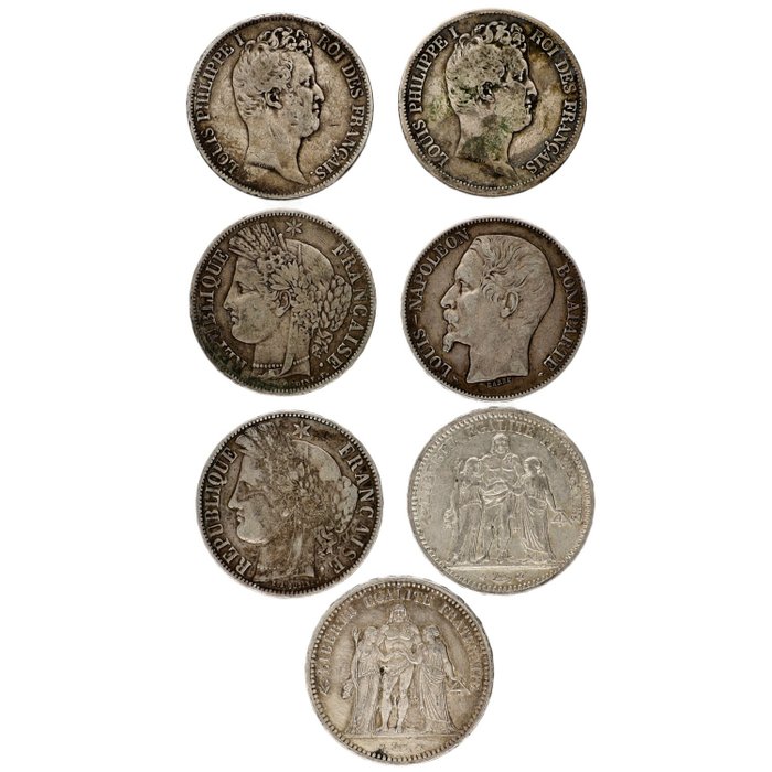 Frankrig. 5 Francs 1831/1873  (7 stuks)  (Ingen mindstepris)