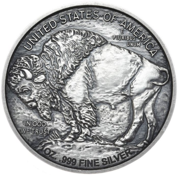 Yhdysvallat. Silver medal (ND) "American Buffalo - Indian Head Liberty", 1 Oz (.999) Antique  (Ei pohjahintaa)