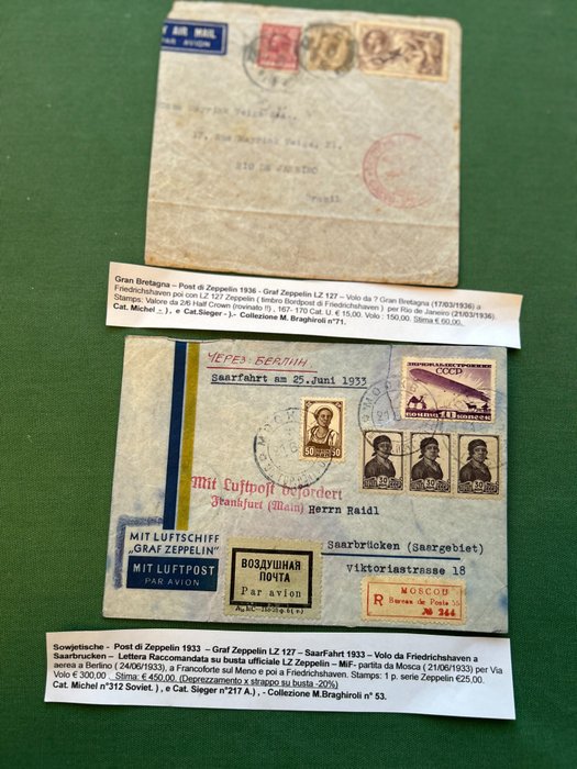 Postomslag  (2) - Sowjetische Post Zeppelin SaarFahrt 1933 // Storbritannien - Friedrichscaven - Brasilien 1936