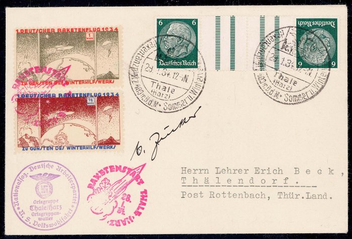 German Empire 1934 - Sugar rocket mail in aid of the Winter Relief Fund. Original rocket-flown receipt with signature