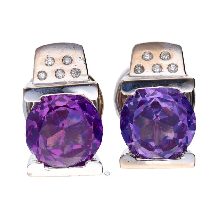 耳环 - 18K包金 白金 -  6.61 tw. 紫水晶 - 钻石 