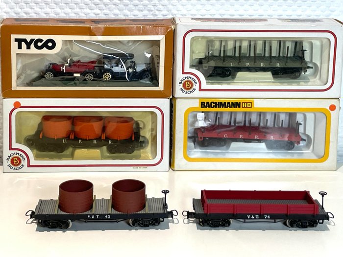 Bachmann, Pocher, Tyco H0 - Machetă tren transport marfă (6) - Mașini plate vechi, mașini cu rezervor de apă - Union Pacific Railroad, Central Pacific, Virginia and Truckee