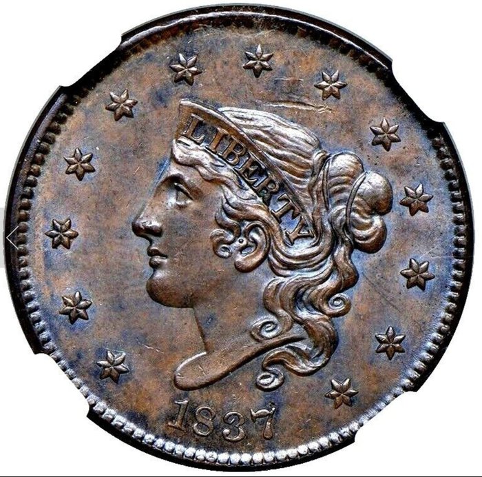 美国. Coronet Head Cent 1837, Plain Cord, Medium Letters