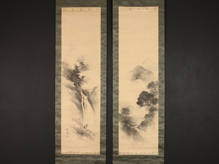 Stunning pair of sumi-e landscapes "Waterfalls in four seasons" - including original tomobako - Okutani Shūseki 奥谷秋石 (1871-1936) - Japani