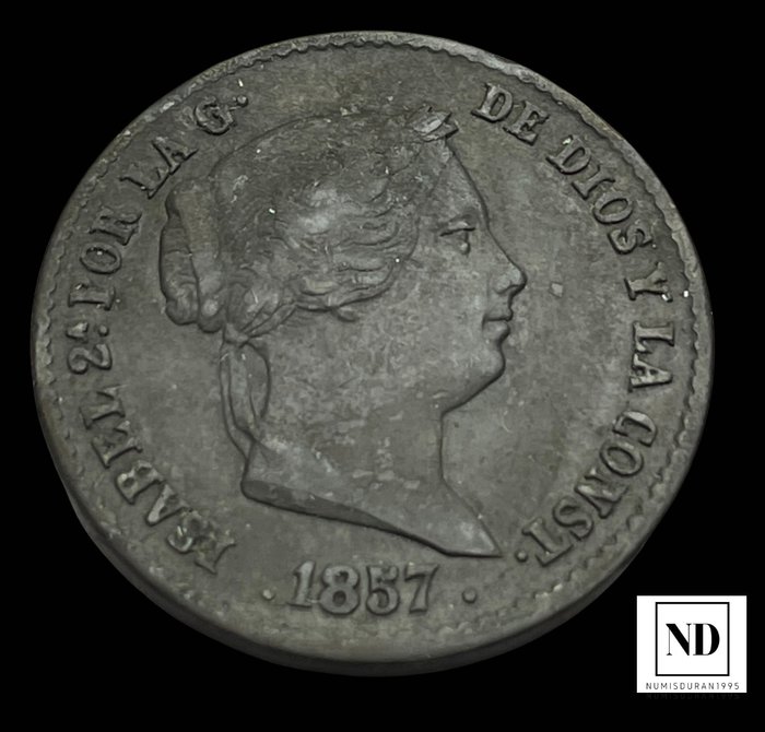 Espanjan kuningaskunta. Isabel II (1833-1868). 10 centimos de Real 1857 - Segovia  (Ei pohjahintaa)