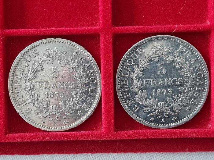 Ranska. Third Republic (1870-1940). 5 Francs 1873-A et 1875-K Hercule (lot de 2 monnaies en argent)  (Ei pohjahintaa)
