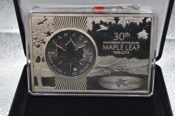 Kanada. 5 Dollars / Silver Plating bar 2024 Maple Leaf 30th Anniversary  (Ei pohjahintaa)