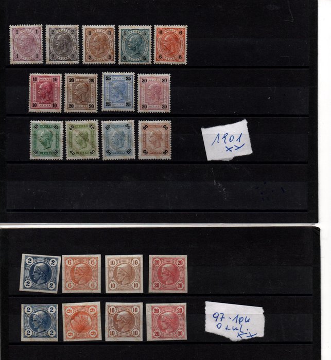 Áustria 1901/1902 - Conjunto Imperial 1901 com tiras de laca + selos de jornal com e sem tiras de laca, ambas edições - Katalognummer 84-104