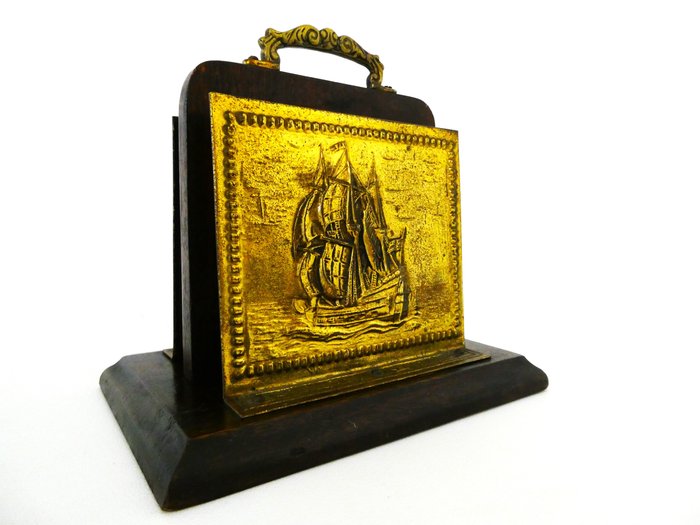 Handvervaardigd - 信架 - 有 2 個隔間的信夾，上面刻有商船的黃銅圖案 - 木, 黃銅