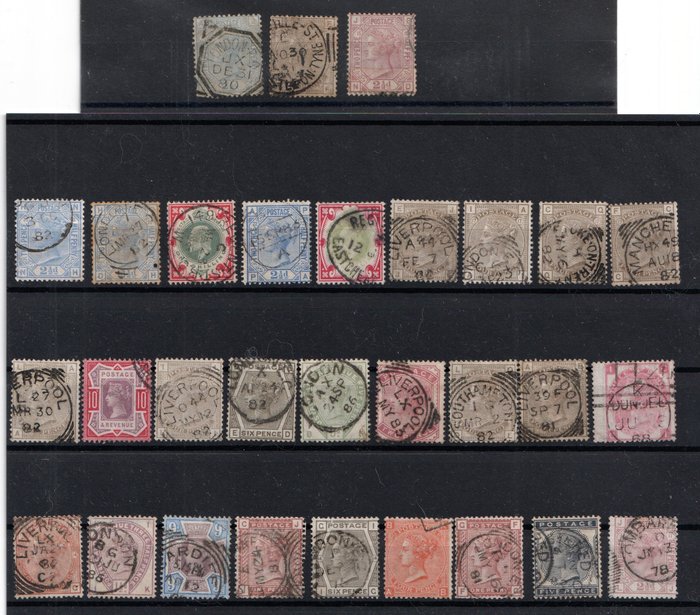 Gran Bretaña 1840/1908 - Interesante conjunto de sellos clásicos de la época de la Reina Victoria, sellos muy desgastados.