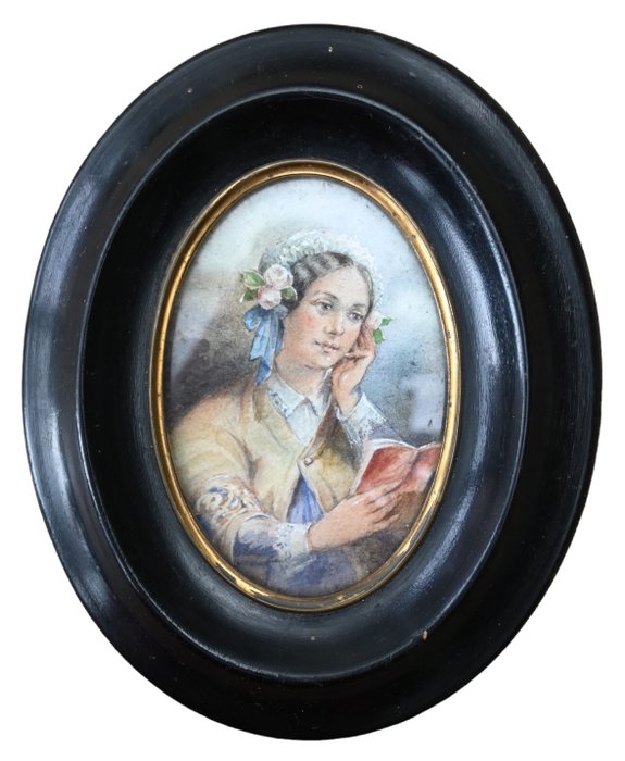 Miniatuur op papier, 19e eeuw - portret van een jonge dame