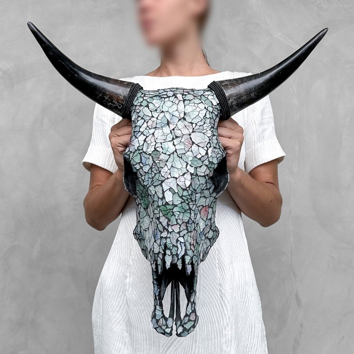 無底價 - 令人驚嘆的牛頭骨，玻璃馬賽克鑲嵌 - 頭骨 - Bos Taurus - 45 cm - 46 cm - 23 cm- 非《瀕臨絕種野生動植物國際貿易公約》物種 -  (1)