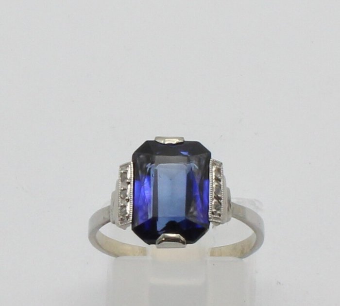 Zonder Minimumprijs - Ring - 18 karaat Witgoud Saffier - Diamant 