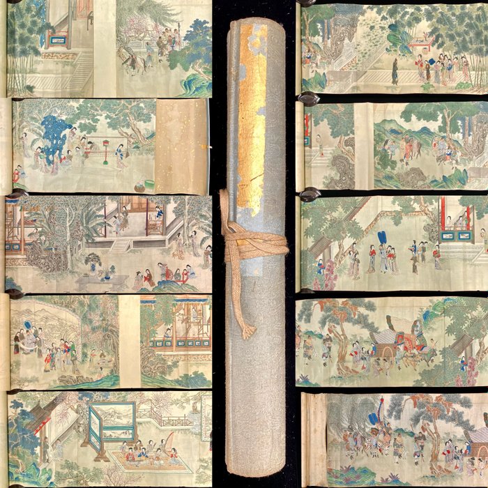 Palace noble figures travel picture scroll - Signed 實父仇英製 - 中国  (没有保留价)