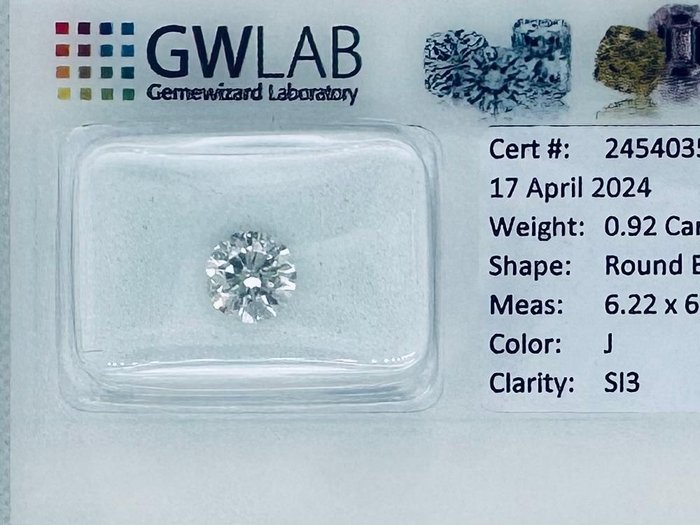 1 pcs 鑽石 - 0.92 ct - 圓形, 明亮型 - J(極微黃、從正面看是亮白色) - SI3, No reserve price