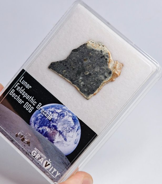 Månmeteorit Bechar 006, i utställningslåda. Del skiva - 2.83 g